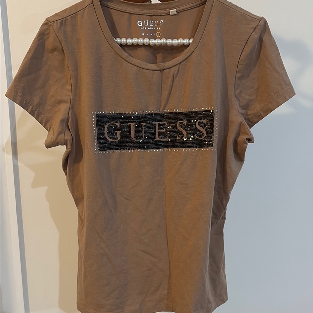 GUESS Tan Fitted Sequin Short Sleeve Tee